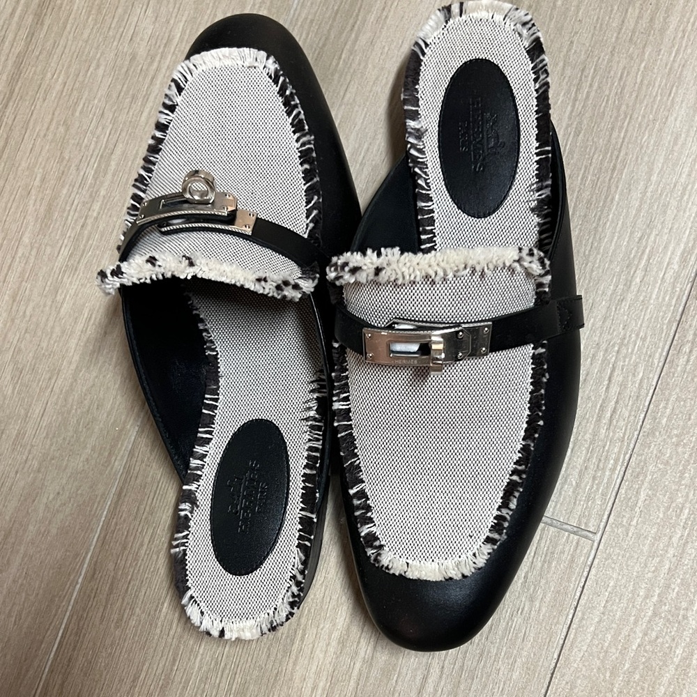 Original Hermes Black and White Fringed Mules